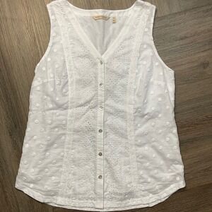 Soft Surroundings Top Womens Medium White‎ Eyelet Sleeveless Button Up Blouse